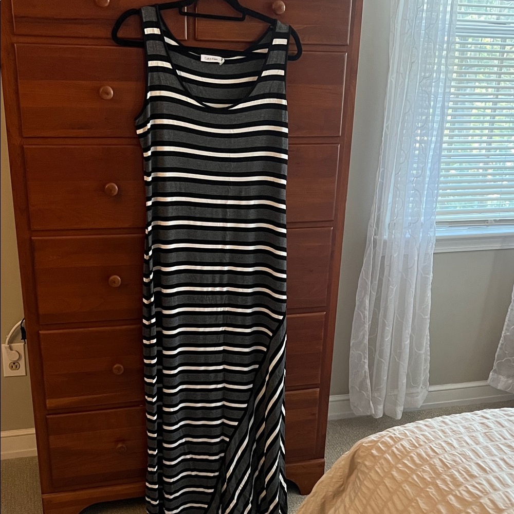 Calvin Klein Black & White Striped Tank Maxi Dress